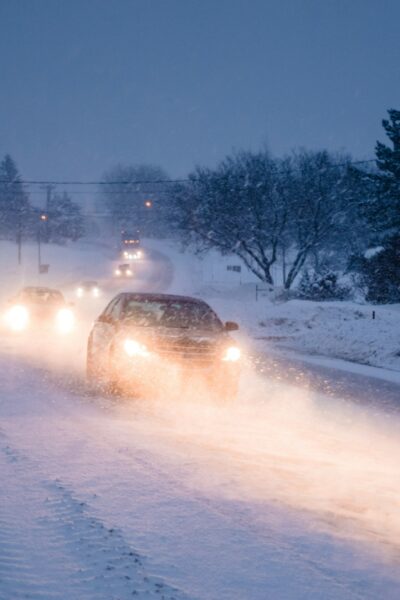 Blizzard on the Road during a Cold Winter Evening in Canada