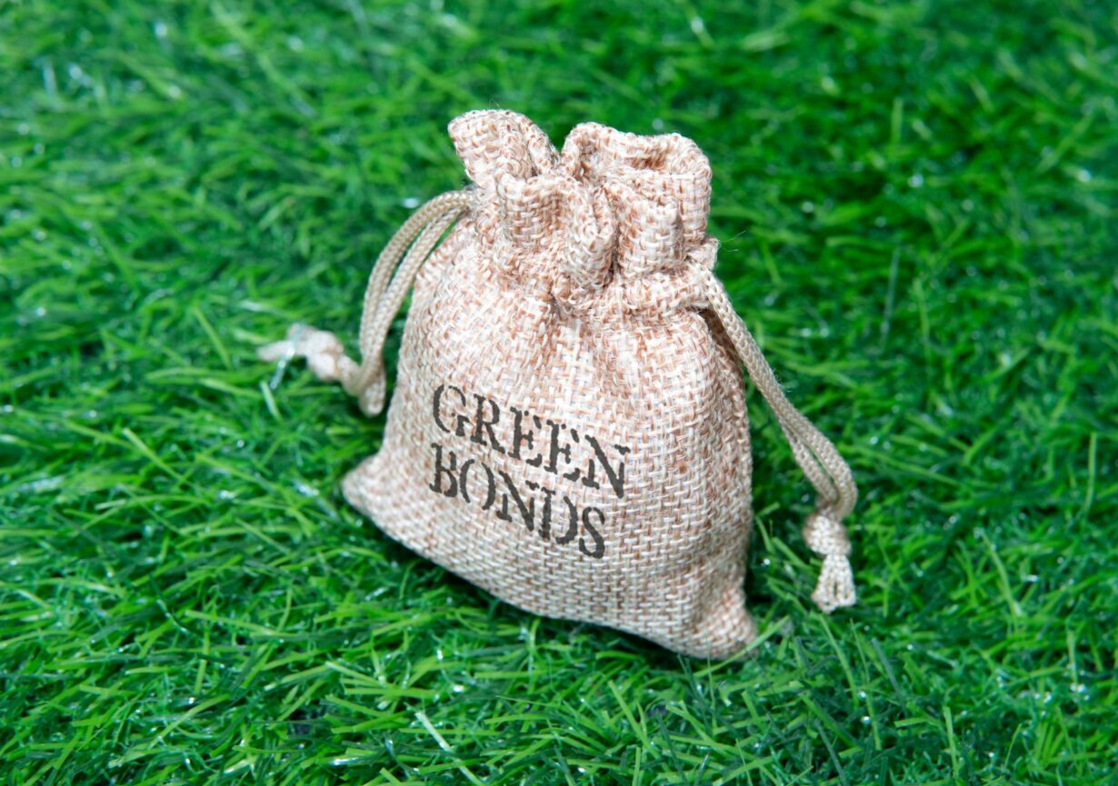 Closeup image of jute bag with the words "green bonds" on top of a green grass field.