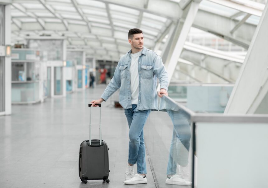 Male Passenger With Travel Suitcase Waiting For Flight In Airport