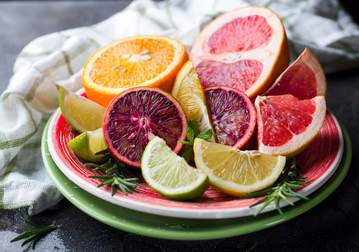 Sliced citrus fruit on the plate.